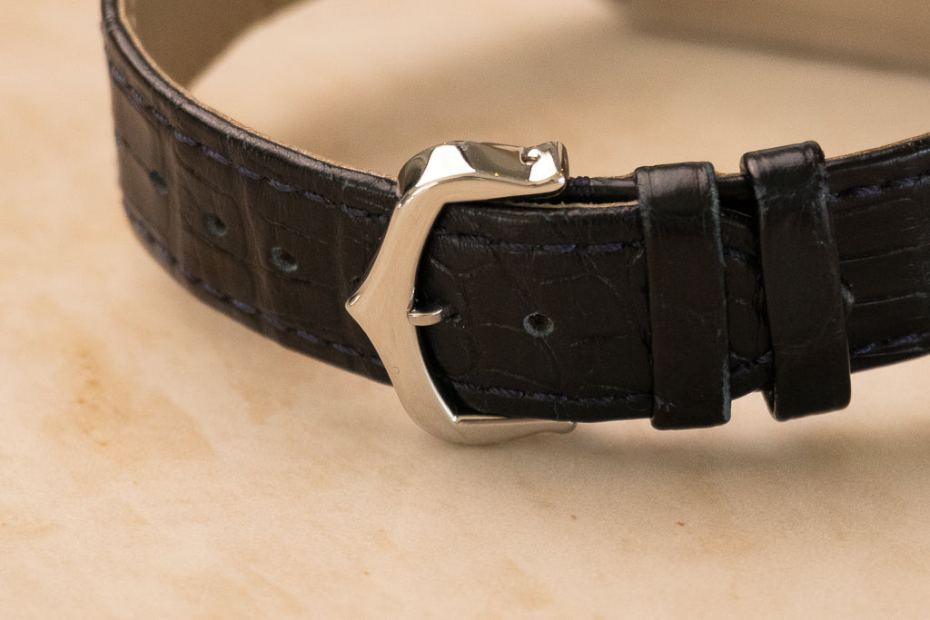 Cartier Santos-Dumont Large ref. WSSA0022 — diepblauwe alligatorleren band met stalen ardillon-gesp