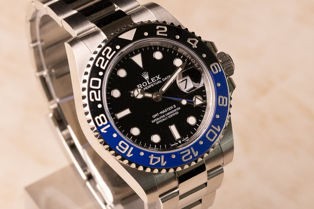 Rolex GMT-Master II Batman ref. 126710BLNR — zwarte wijzerplaat met blauwe GMT-wijzer op Oyster-band